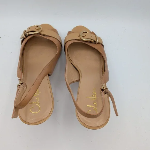 Cole Haan Nike Air Tan Leather Slingback Peep Toe Buckle Pumps D34253 Womens 8B - Picture 6 of 8